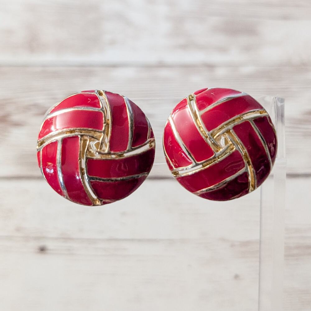 Vintage Clip On Earrings Large Statement Gold Tone & Red Circle